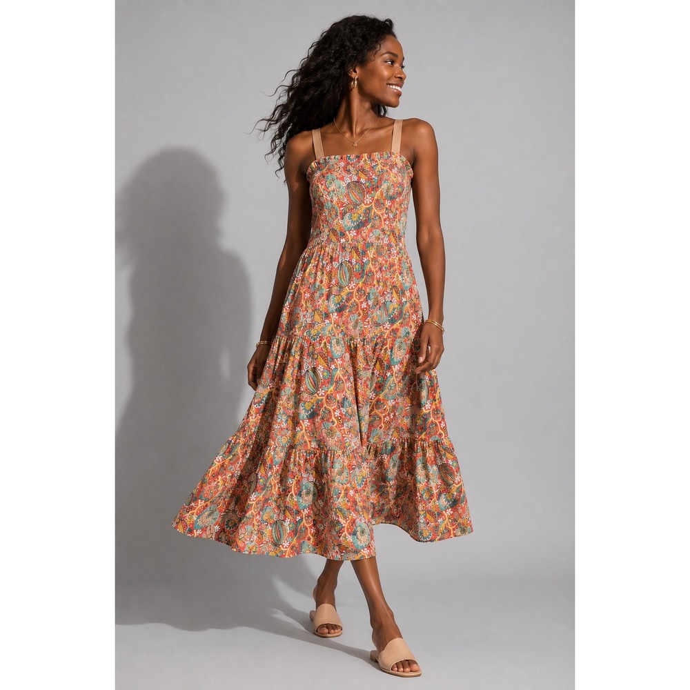 Antonio Melani Pink Paisley Floral Tiered Midi Sun Dress Cotton Tie Back 10 NWOT